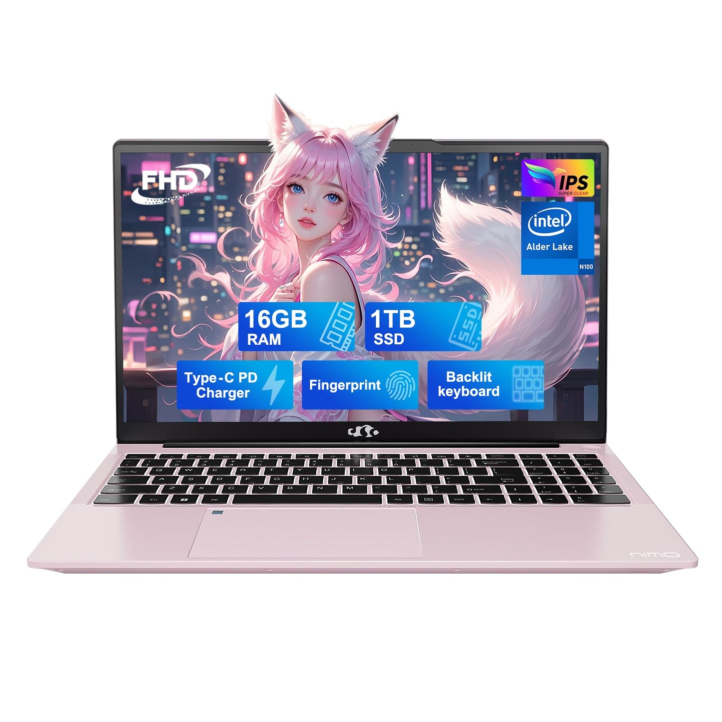NIMO 15.6 IPS FHD-Laptop, 16GB RAM 1TB SSD Intel Pentium Quad Core N100, Computer with Backlit Keyboard Fingerprint (Beat to i3-1115G4 Up to 3.4GHz) Laptops for Student, Win 11 Blue