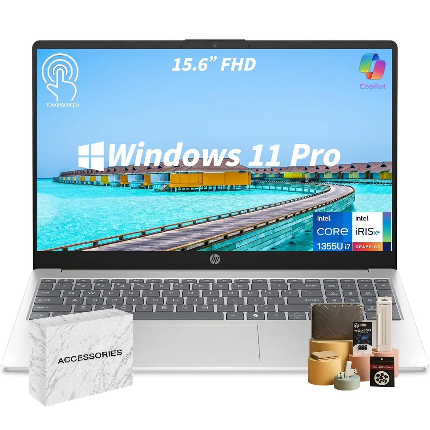 HP Premium Touchscreen Laptop Computer - 15.6" FHD IPS, Intel 10-Core i7 1355U CPU, Intel Iris Xe Graphics, Numeric Pad, WIFI6, Copilot AI PC, Win11 Pro for Business & Students(32GB RAM + 1TB SSD)