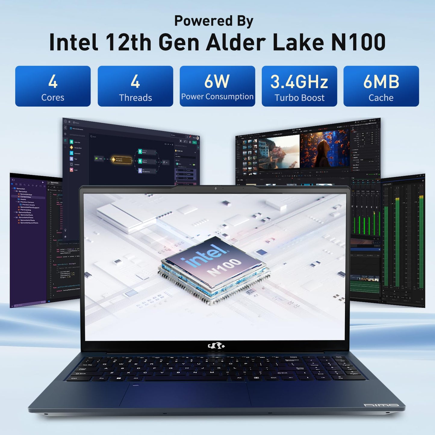 NIMO 15.6 IPS FHD-Laptop, 16GB RAM 1TB SSD Intel Pentium Quad Core N100, Computer with Backlit Keyboard Fingerprint (Beat to i3-1115G4 Up to 3.4GHz) Laptops for Student, Win 11 Blue