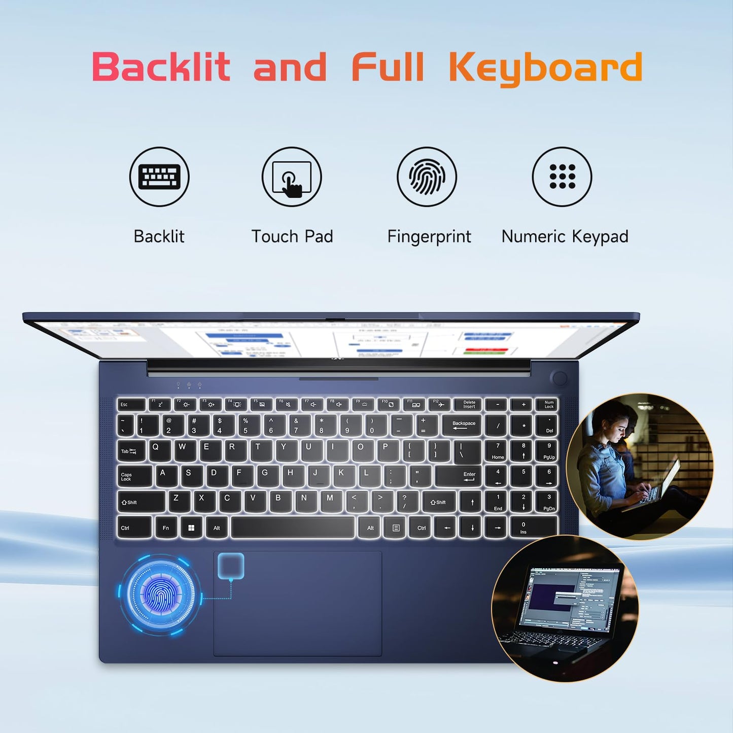 NIMO 15.6 IPS FHD-Laptop, 16GB RAM 1TB SSD Intel Pentium Quad Core N100, Computer with Backlit Keyboard Fingerprint (Beat to i3-1115G4 Up to 3.4GHz) Laptops for Student, Win 11 Blue